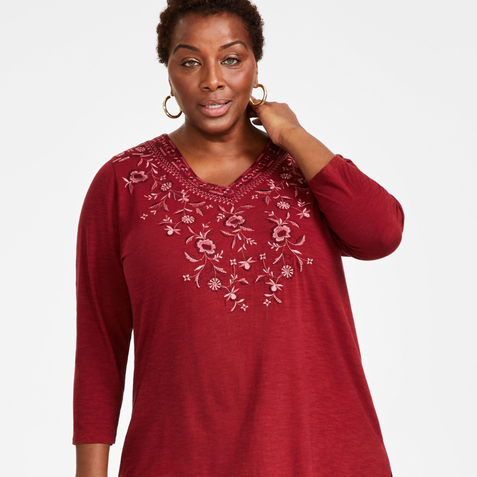Style & Co Plus Size Embroidered V-Neck Knit Tunic Top - Scarlet Crush 3X