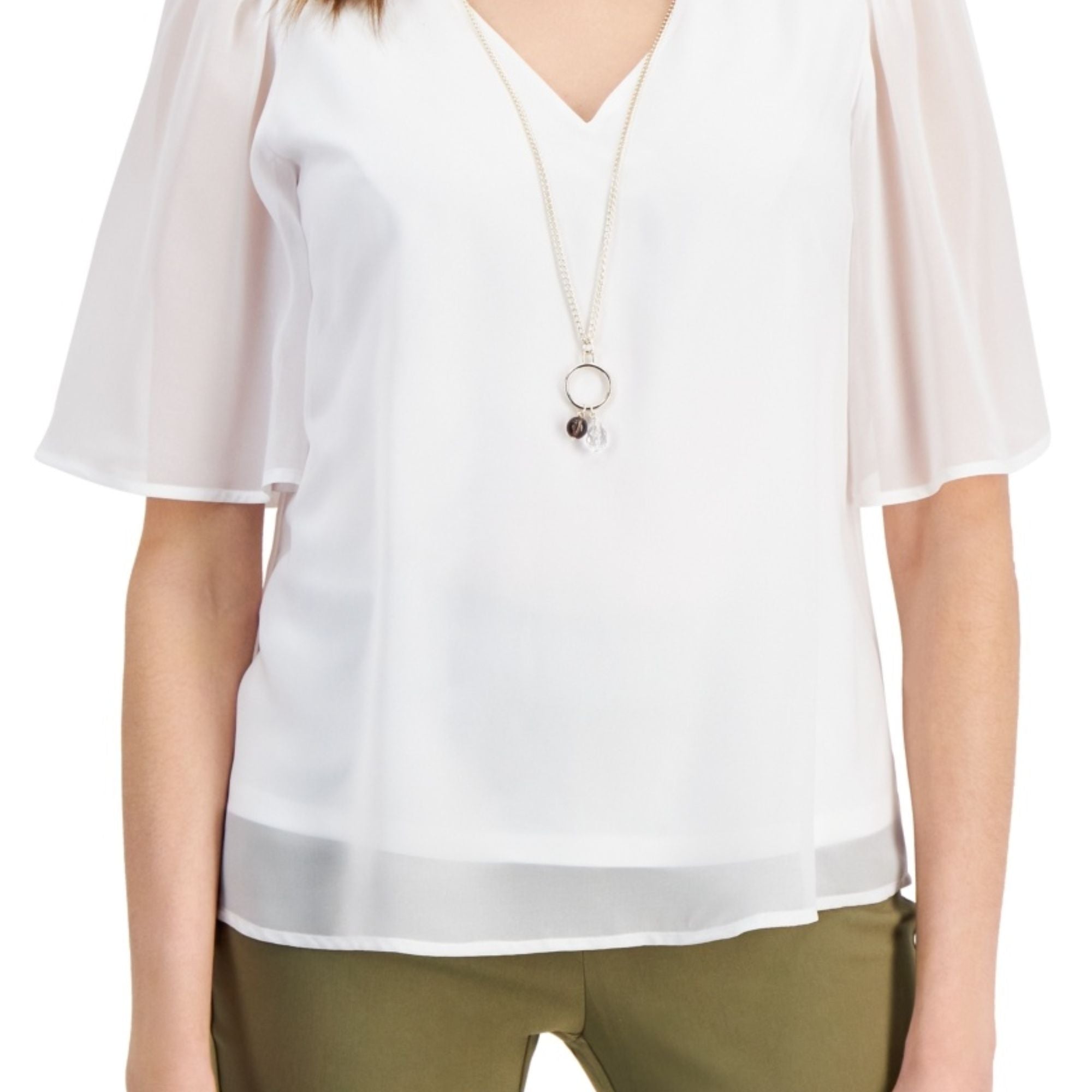 JM Collection Women's Flutter-Sleeve Necklace Top – Bright White, 2XL