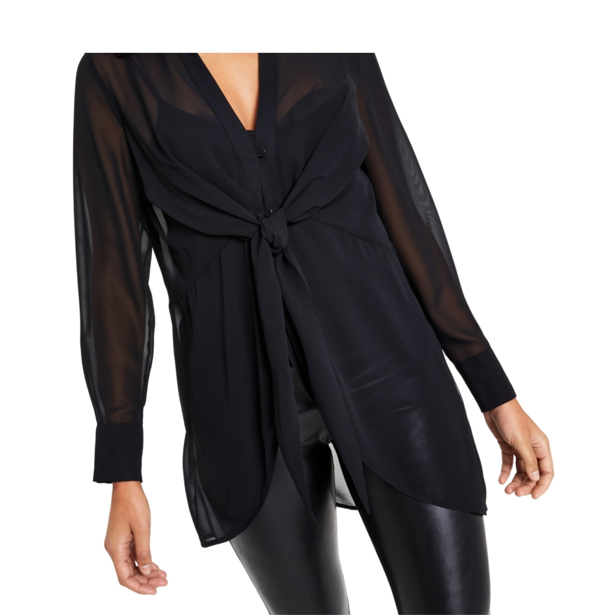 Bar III Women's Long-Sleeve Tie-Front Top – Black, Size - Large