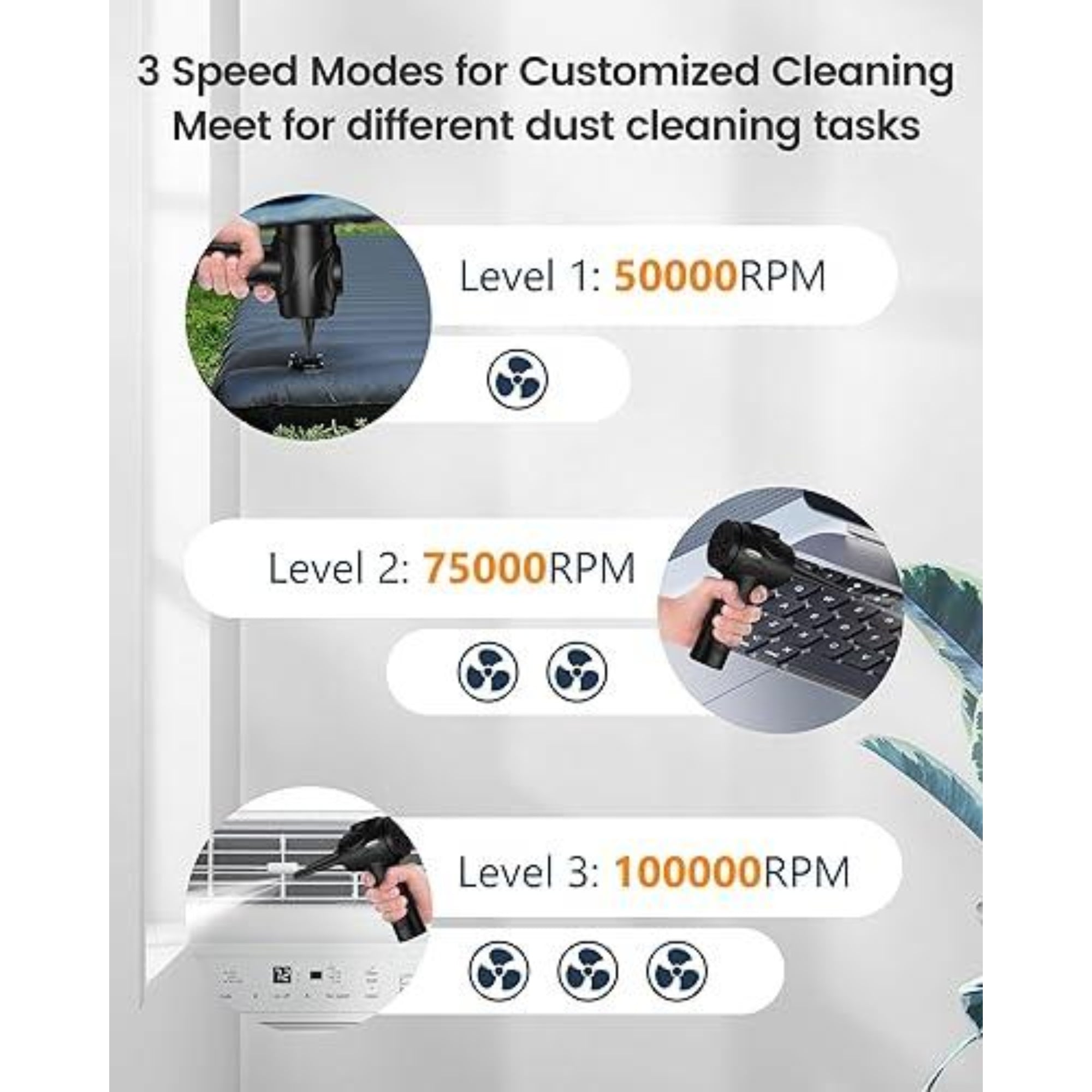 Electric Compressed Air Duster – 100000RPM Cordless Blower with LED Light, 3-Speed Power, 8000mAh Rechargeable Battery – for PC, Keyboard, Car & Electronics (Black)