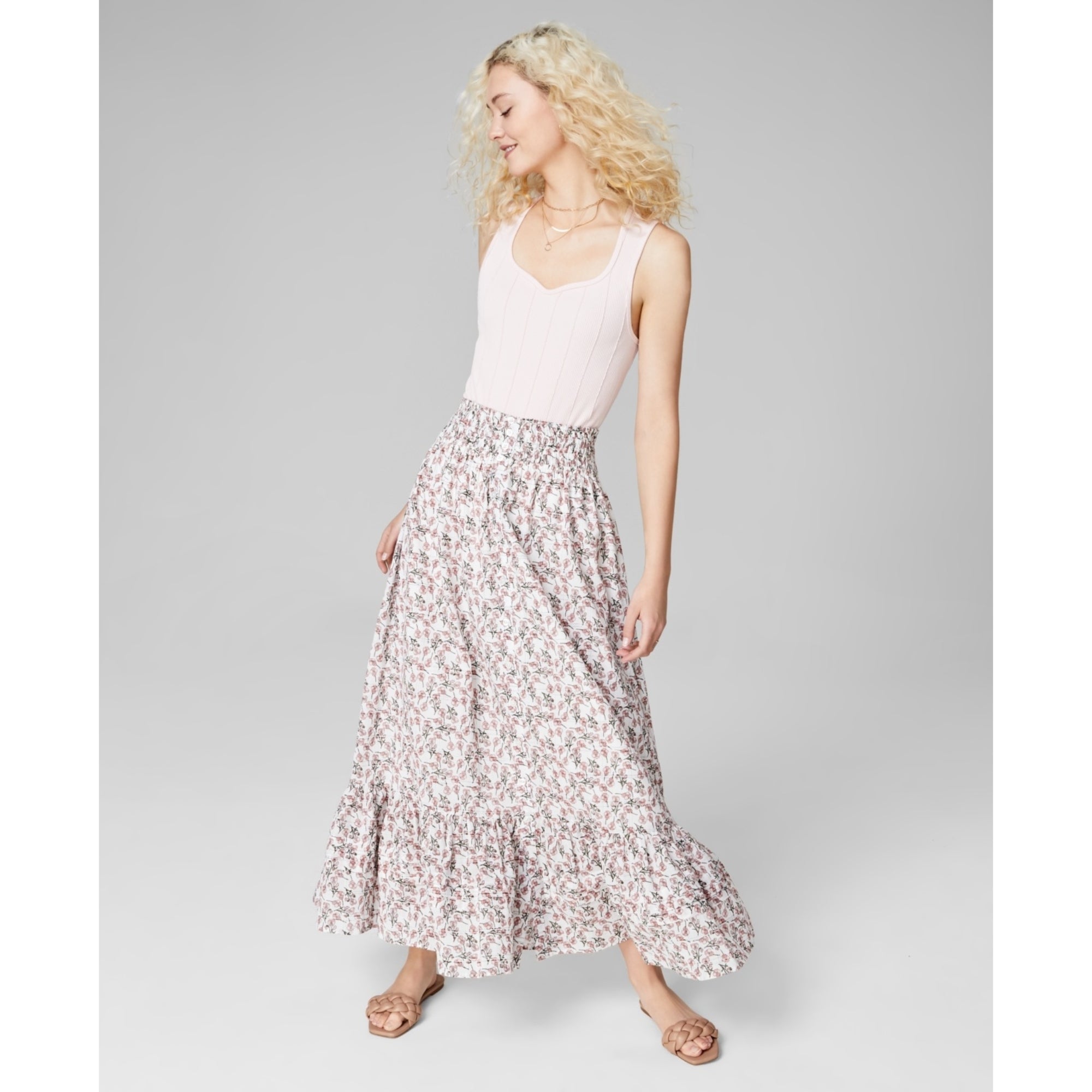 And Now This Women's Cotton Ruffled Smocked Maxi Skirt – White Floral, Size - S