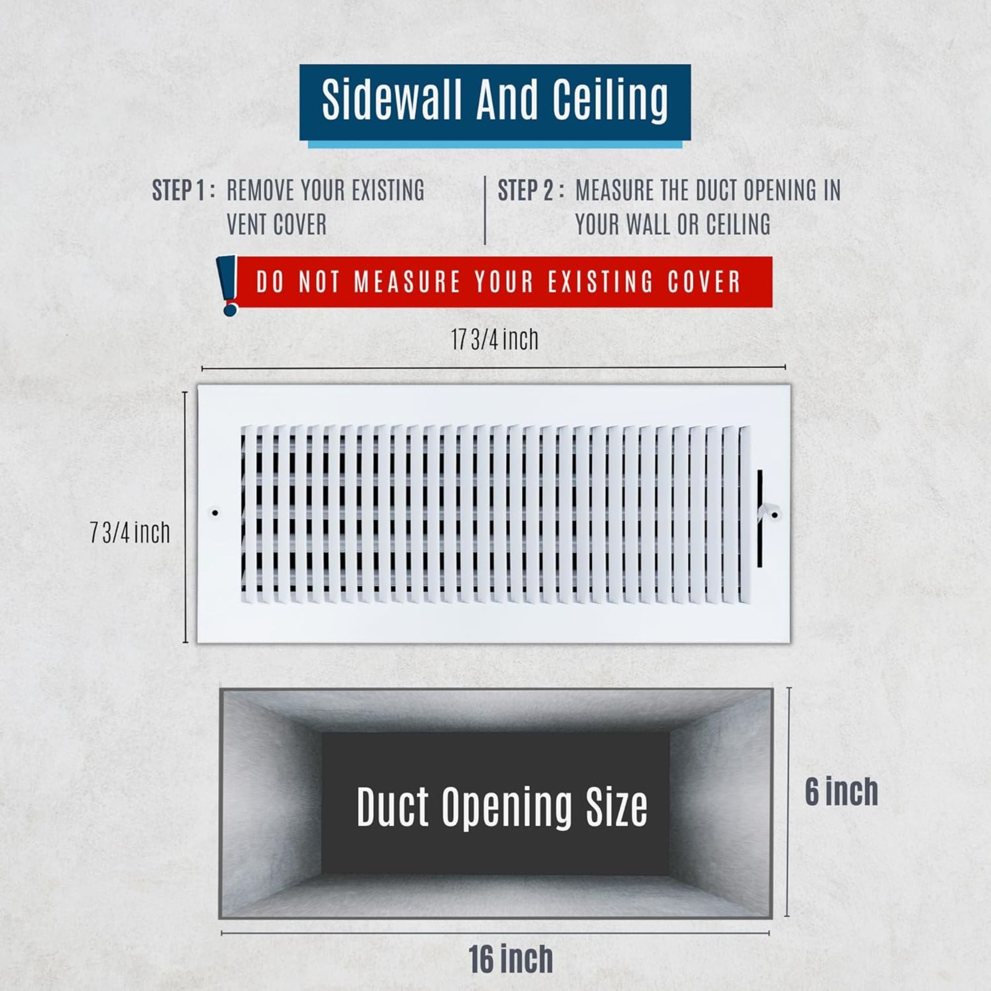 Handua 16x6 Steel Air Supply Diffuser, 1-Way Register Vent Cover Grill for Sidewall and Ceiling, White – Outer Dimensions 17.75" x 7.75"