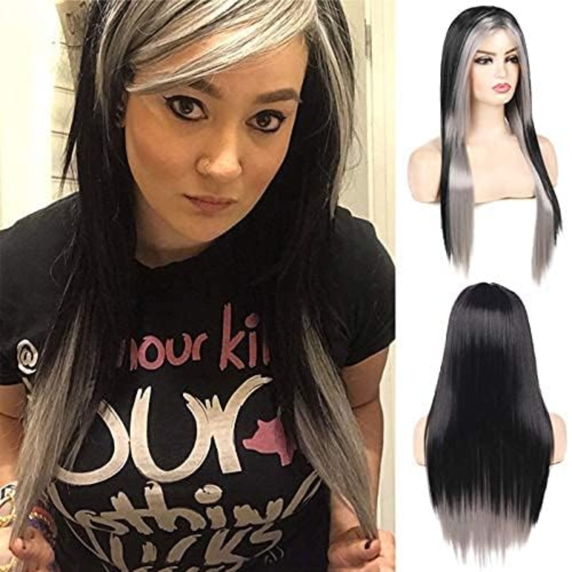 Baruisi Long Black & Grey Wig – Silky Straight Synthetic Costume Wig with Side Bangs, Heat Resistant