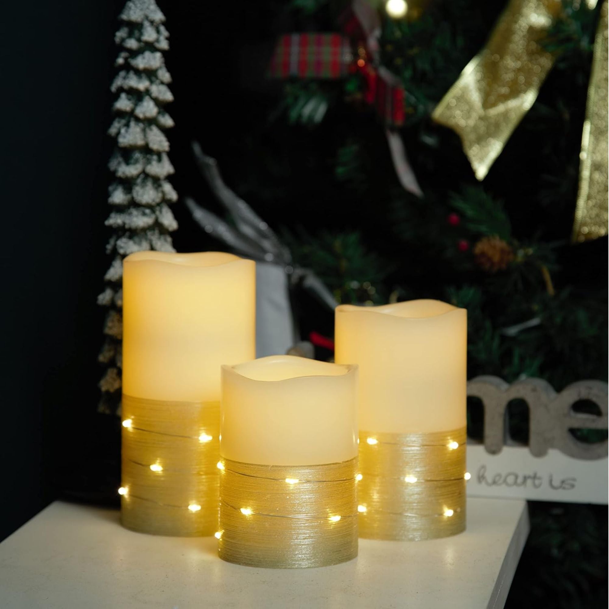 H-BLOSSOM Flickering Flameless Candles, Real Wax Pillar with Embedded String Lights, LED Battery Operated Candles with Remote & 5H Timer - Set of 3 (Gold, 3" x 4"/5"/6")