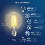 FLSNT LED Globe Edison Light Bulbs 40W Equivalent, Dimmable, 2700K Soft White, 300LM, E26 Base, CRI80, Clear Glass, 3 Pack