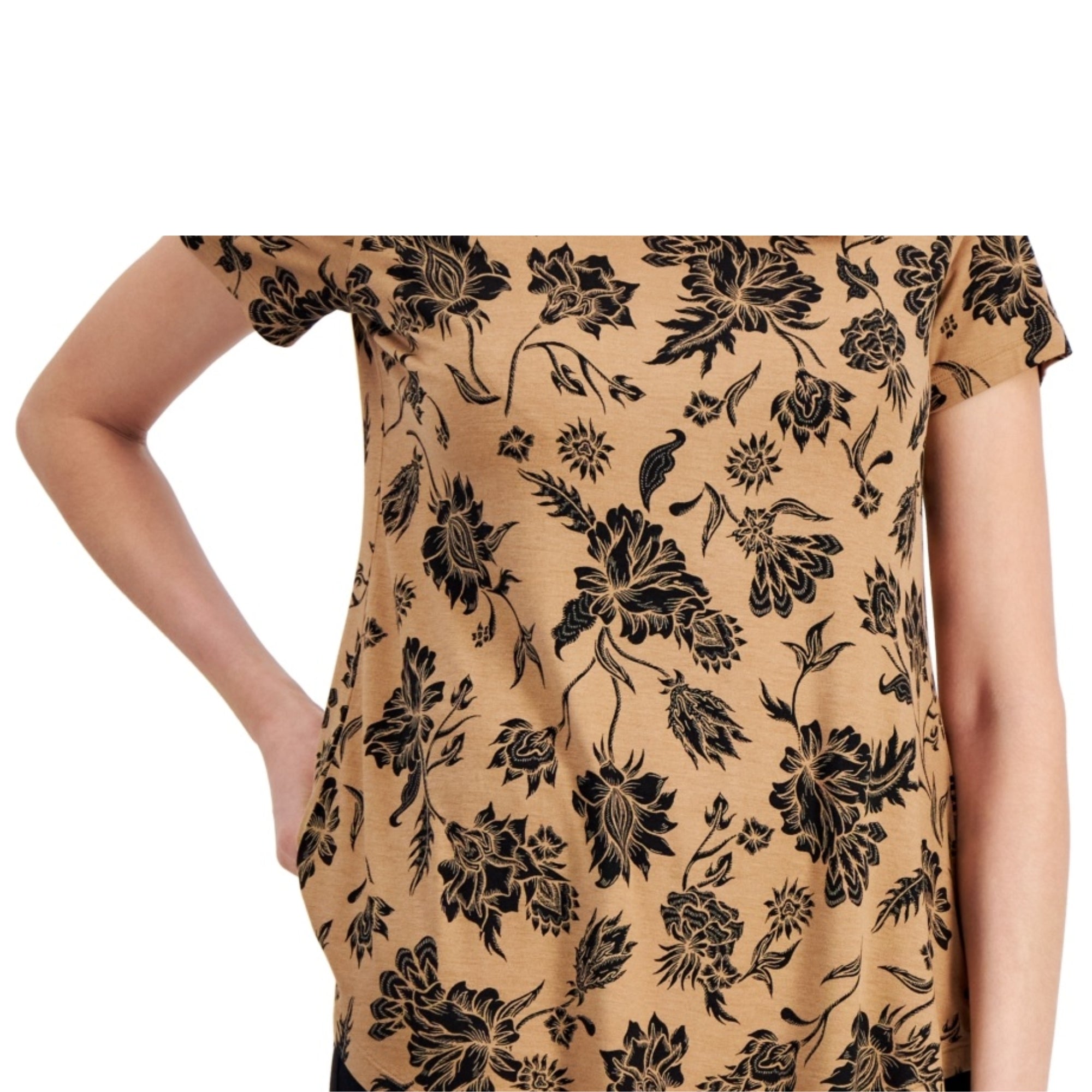 JM Collection Women's Printed Short-Sleeve Scoop-Neck Top – Burnt Toffee Combo, M