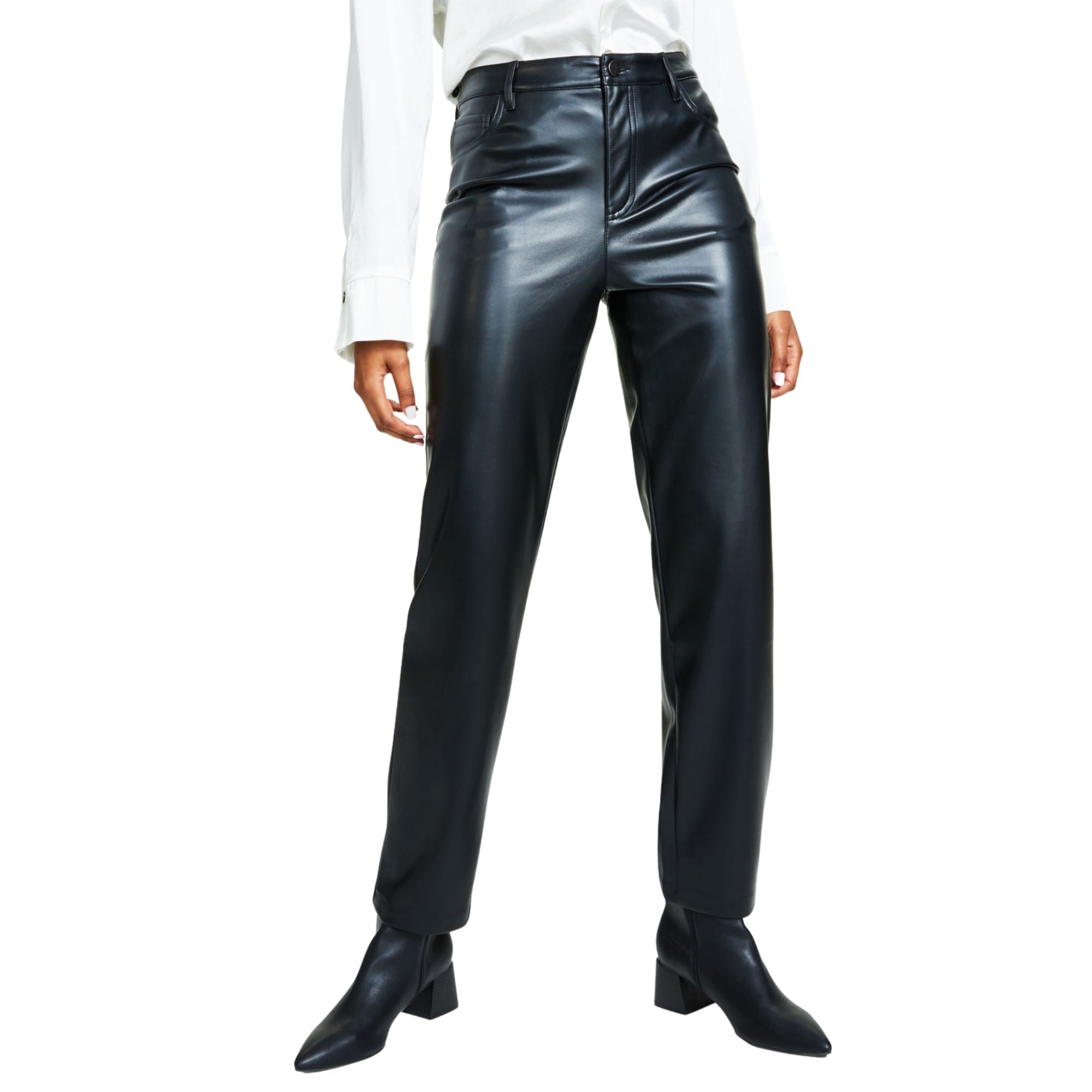 Bar III Women's Faux-Leather Straight-Leg Pants – Deep Black, Size 10