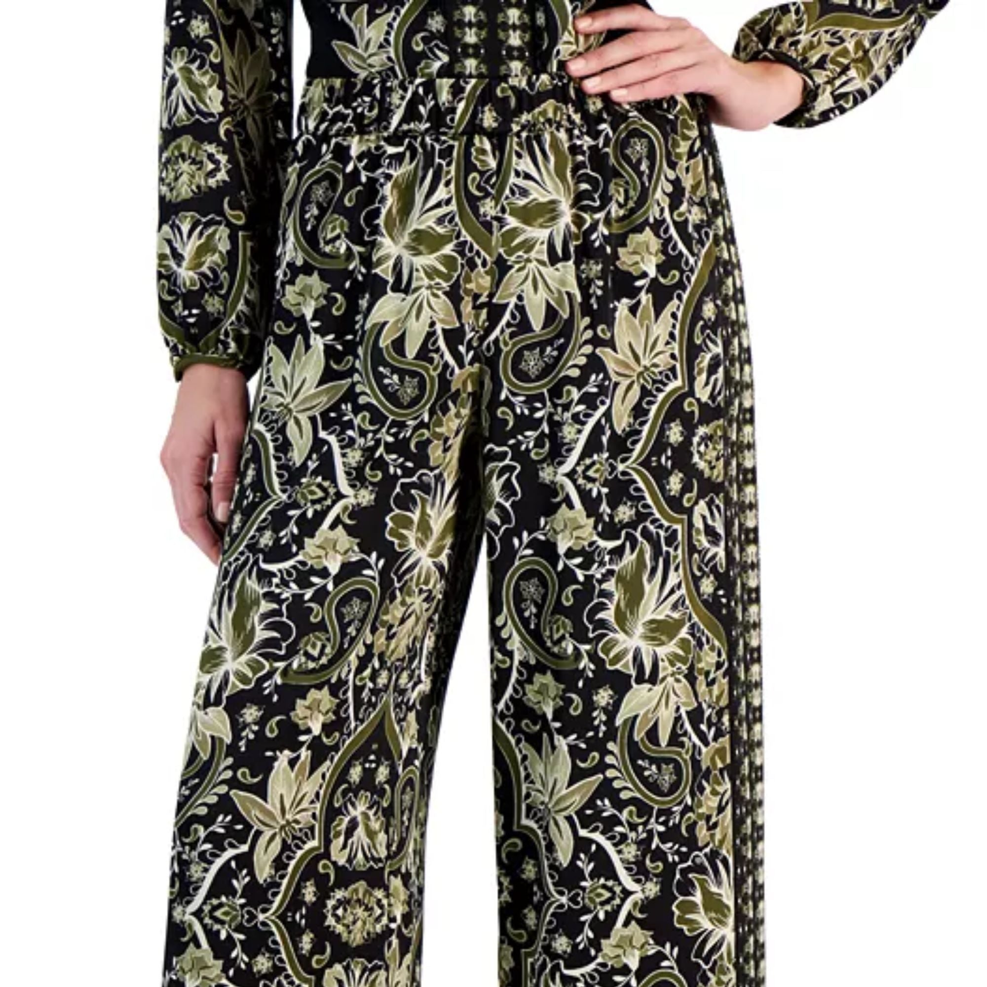 JM Collection Women's Medallion Melody Wide-Leg Satin Pants – Deep Black XL