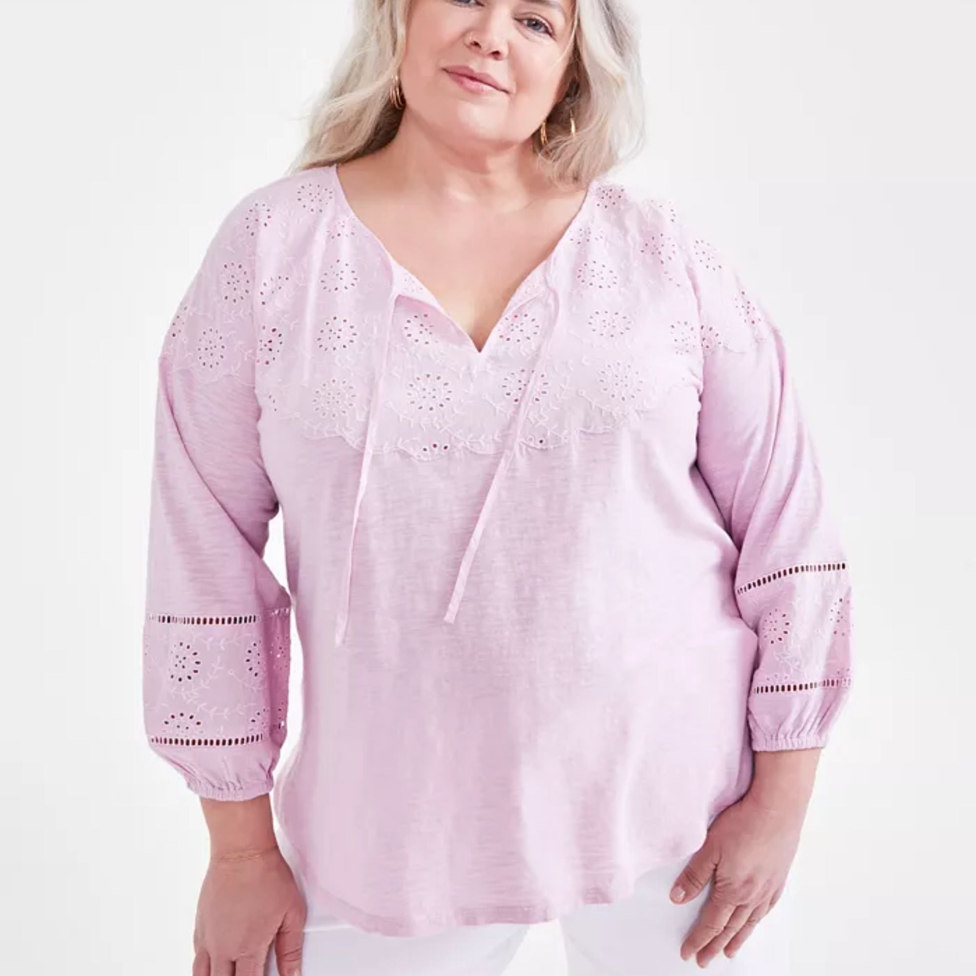 Style & Co Plus Size Embroidered Eyelet-Trim Top - Lilac Floral - Size 3X