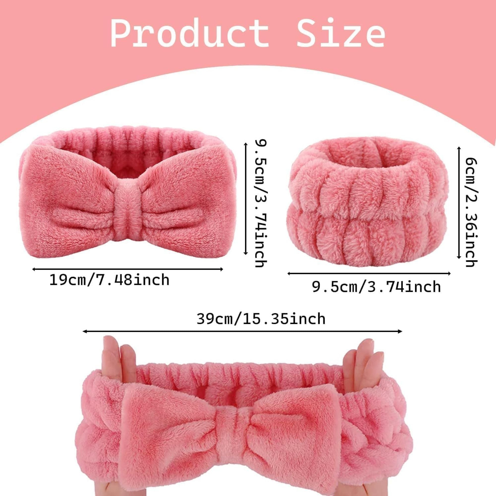 LAPOHI 3-Piece Spa Headband & Wristband Set – Fluffy Pink Skincare Accessories with Bow for Women & Girls
