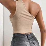 Tassel One Shoulder Tank Top, Medium - Khaki