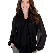 Bar III Women's Tie-Neck Sheer Long-Sleeve Blouse – Black, Size XXS
