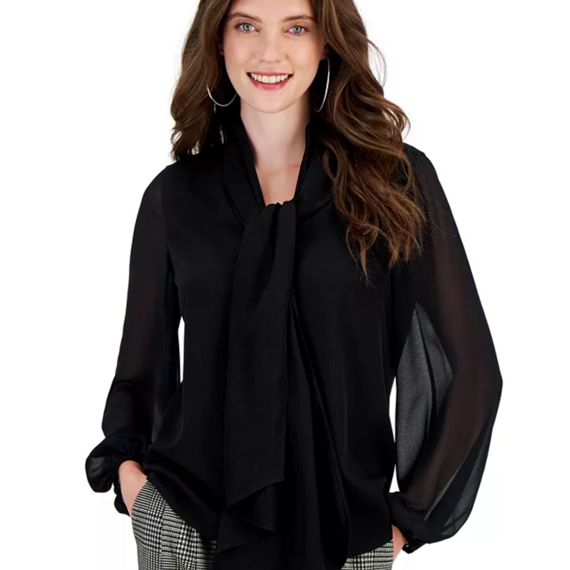 Bar III Women's Tie-Neck Sheer Long-Sleeve Blouse – Black, Size XXS