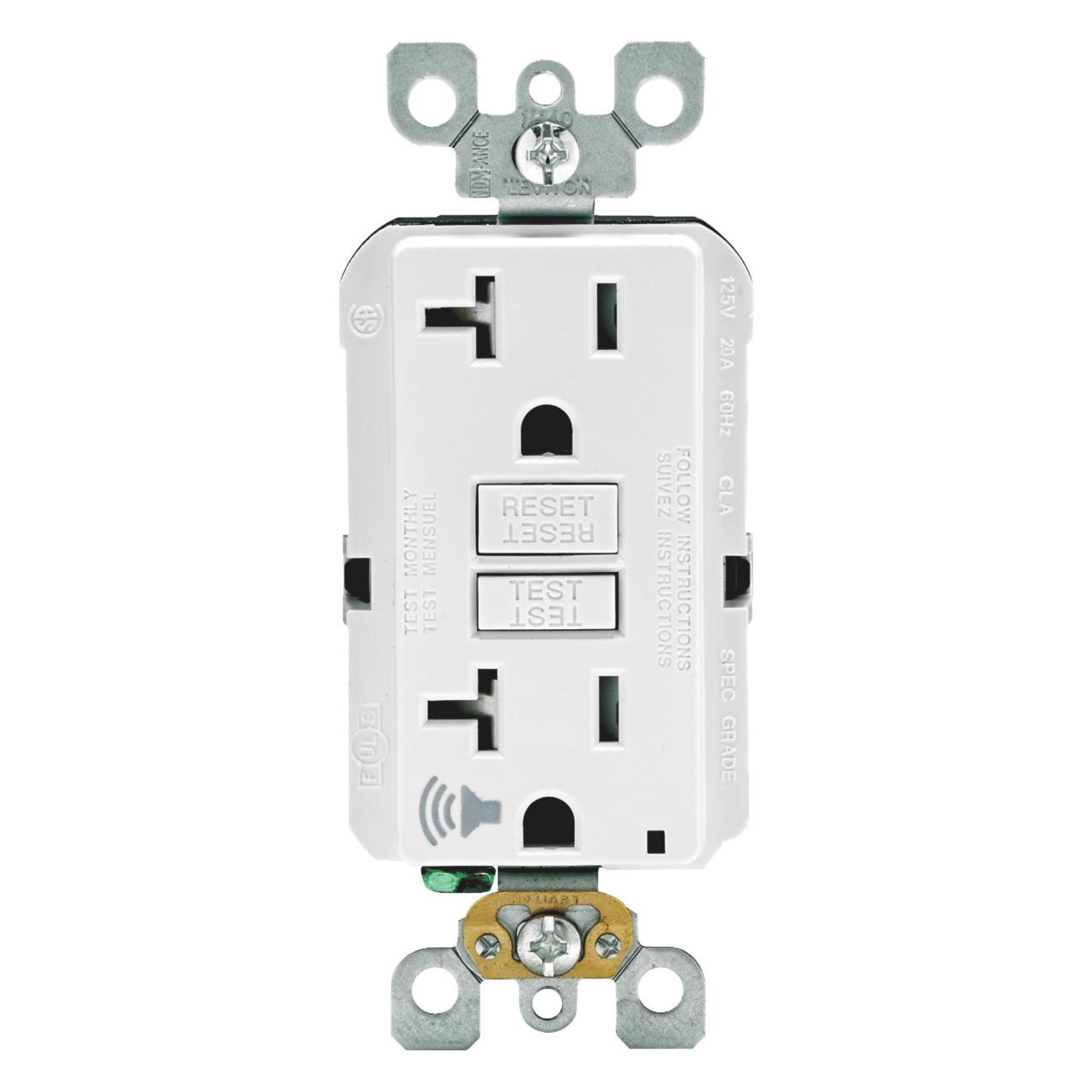 Leviton 20 Amp SmartlockPro Self-Test Slim GFCI Outlet with Audible Trip Alert, White