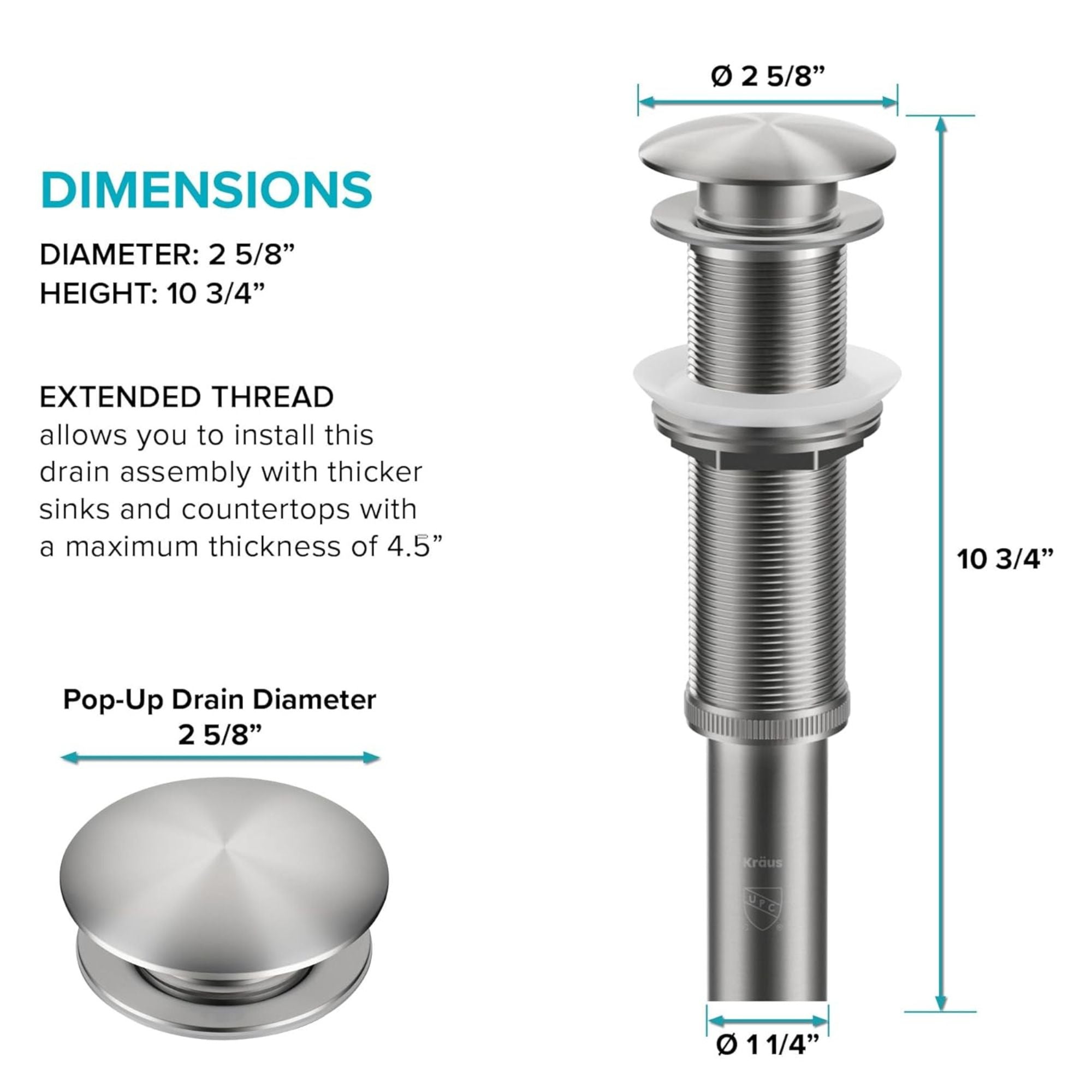 KRAUS PU-10SN Pop-Up Drain in Satin Nickel – Brass Construction, No Overflow
