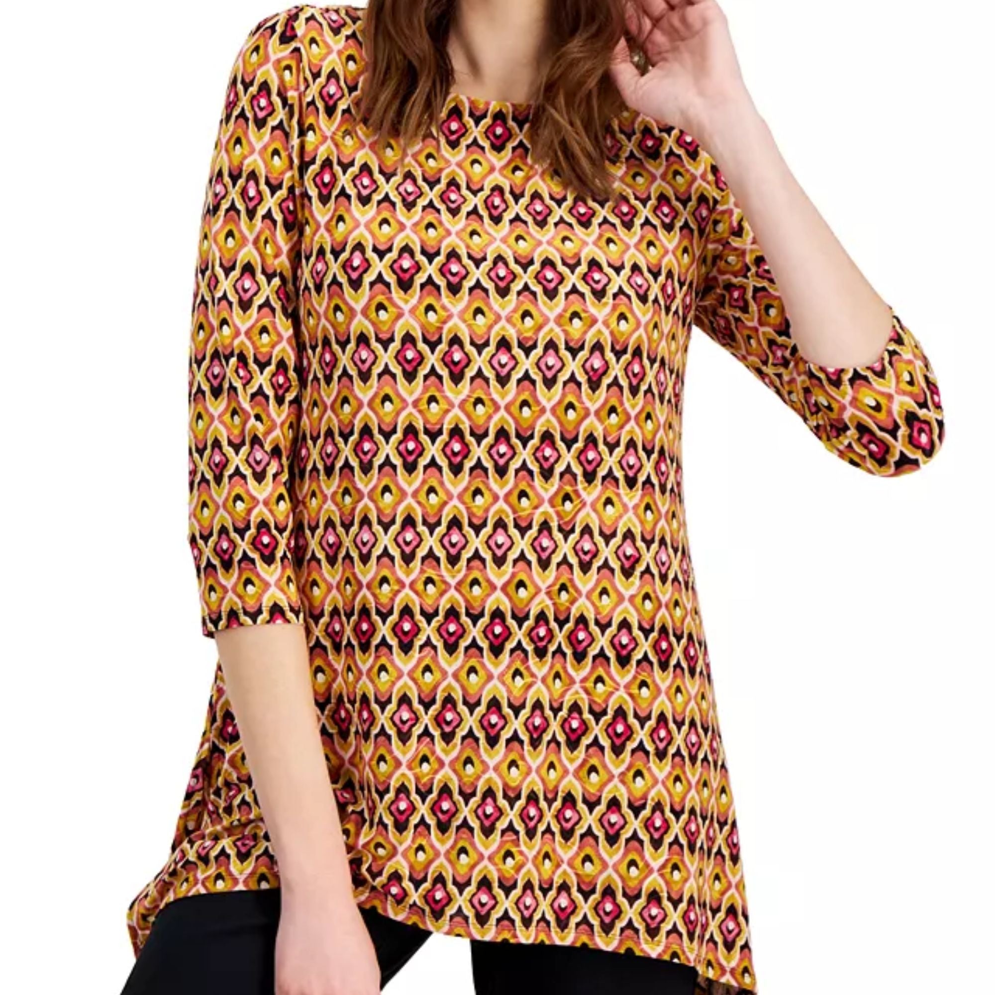JM Collection Women's Geo-Print Jacquard Swing Top – Mustard Seed Combo, S