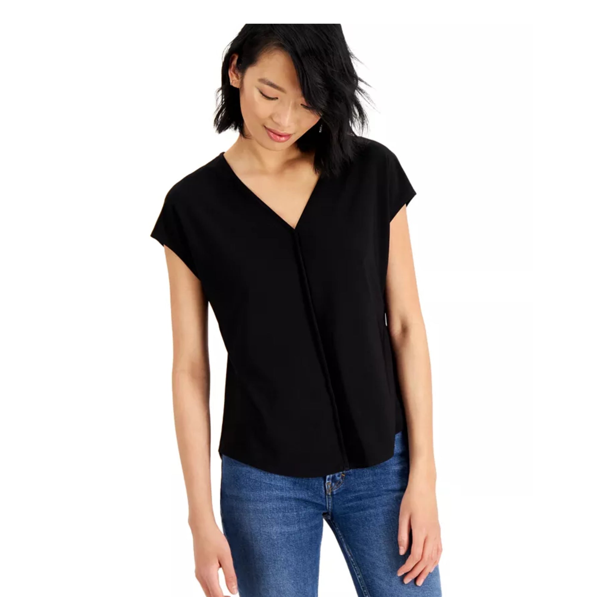 Bar III Women's Seamed V-Neck Top – Black, Size - M