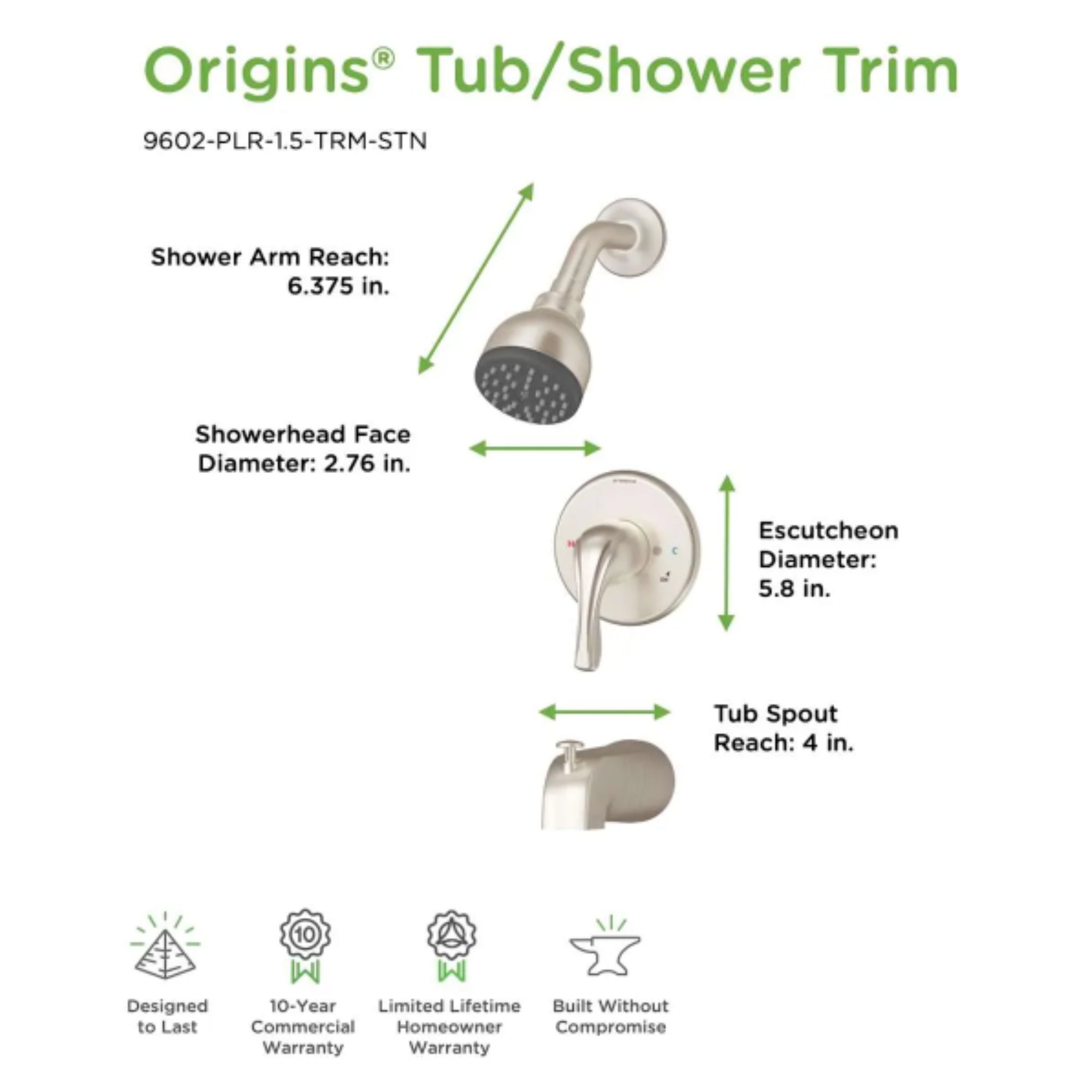 Symmons 9602-PLR-1.5-TRM Origins Tub and Shower Trim Package – 1.5 GPM, Chrome