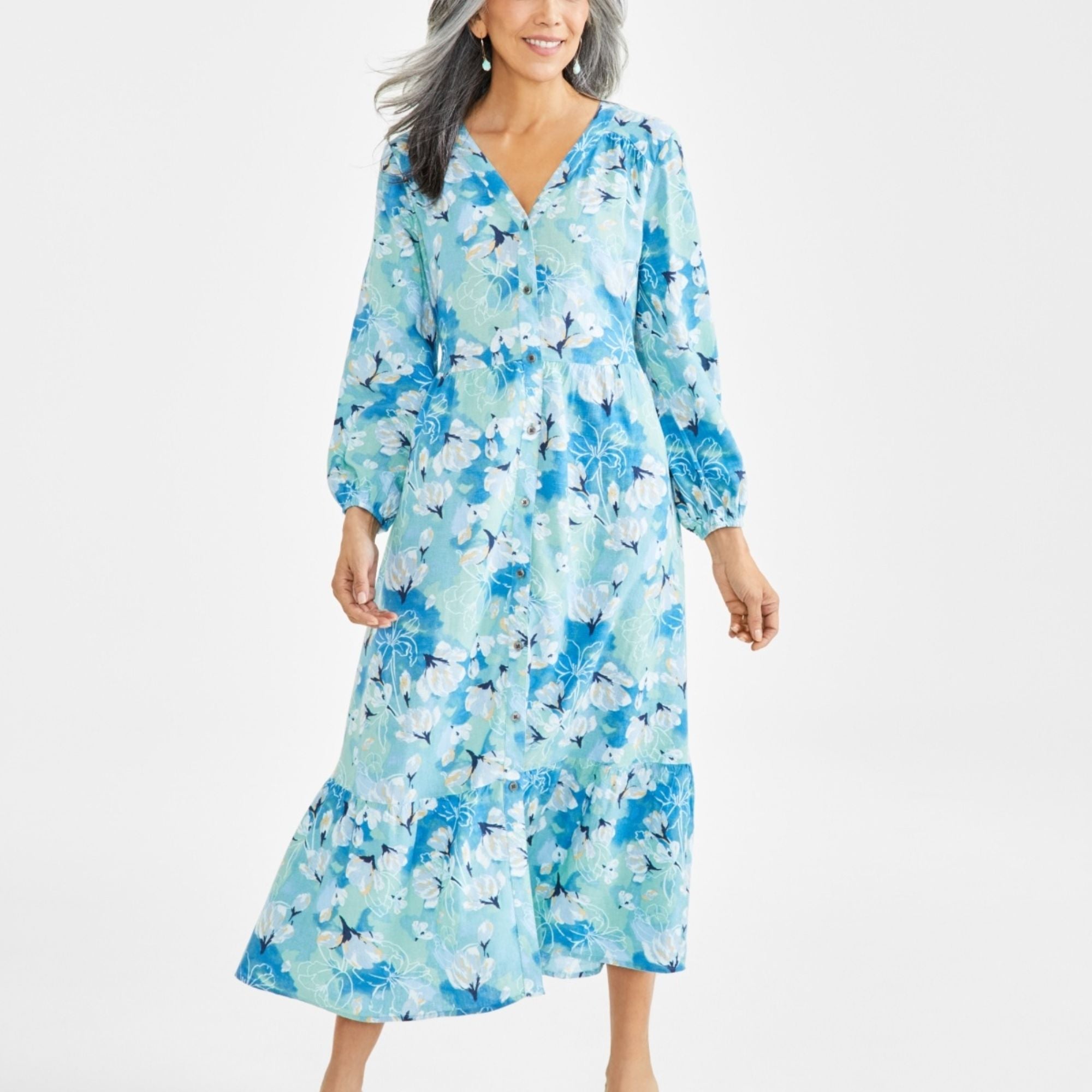 Style & Co Women's Printed Tiered Midi Dress - Teal - Petite XL