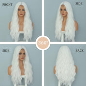 YBYMCAI Long White Wavy Wig – 26" Middle Part Cosplay Wig, Heat Resistant Synthetic Fiber, Modern Style
