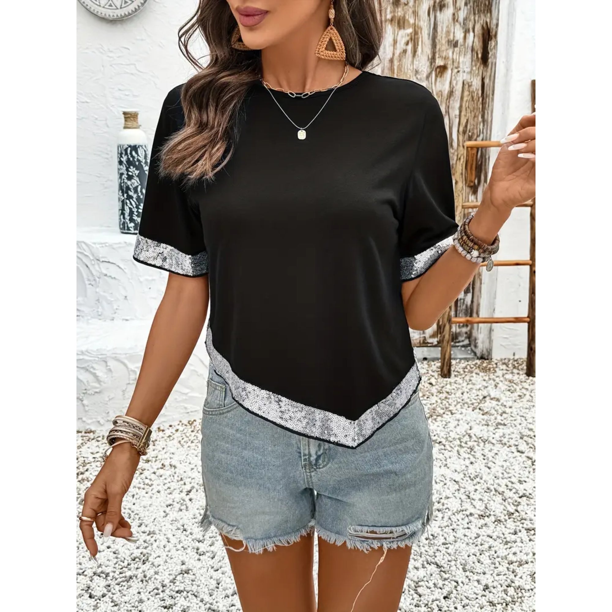 Women's Summer Knit T-Shirt with Sequin Detail - Size Medium