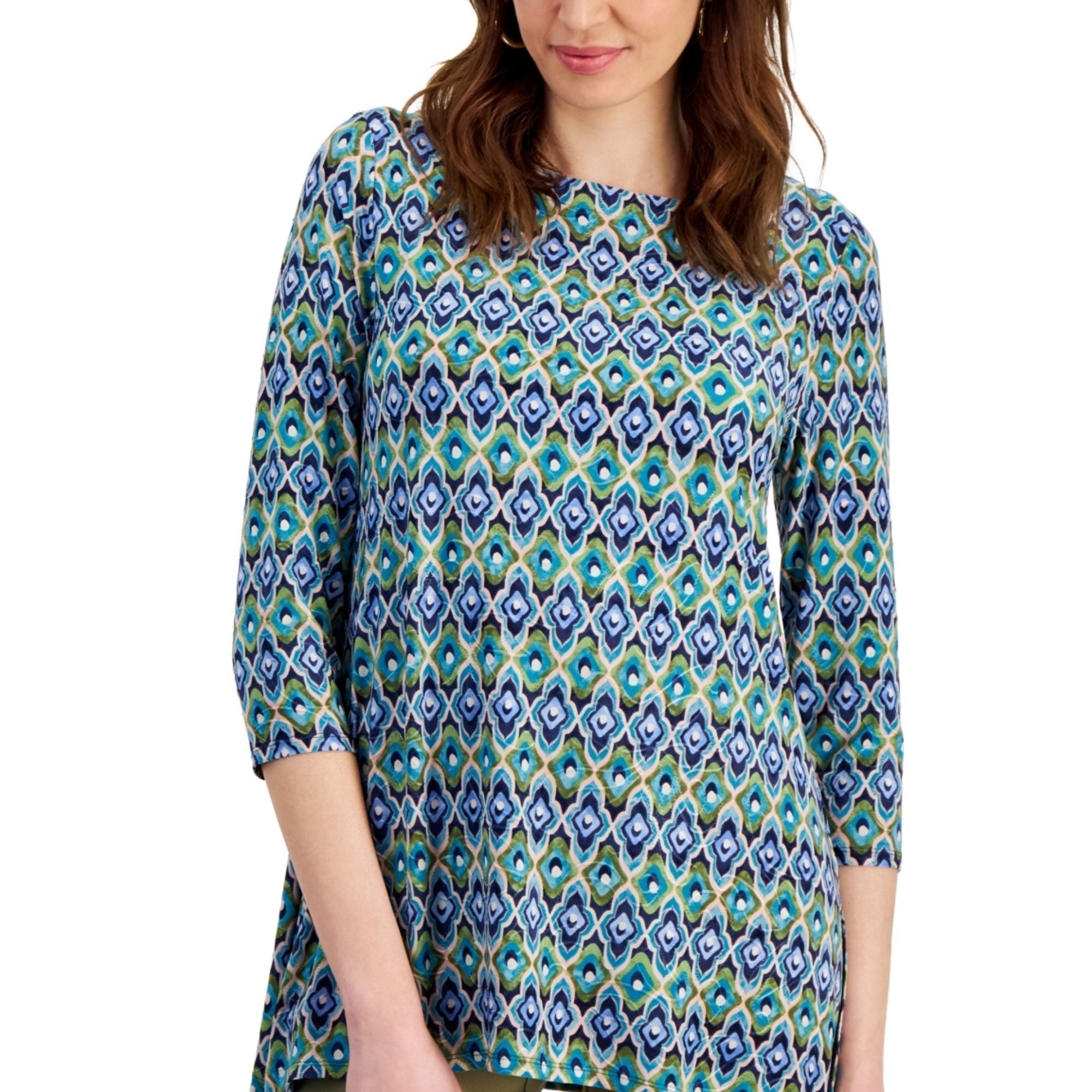 JM Collection Women's Geo-Print Jacquard Swing Top – Seafrost Combo, M