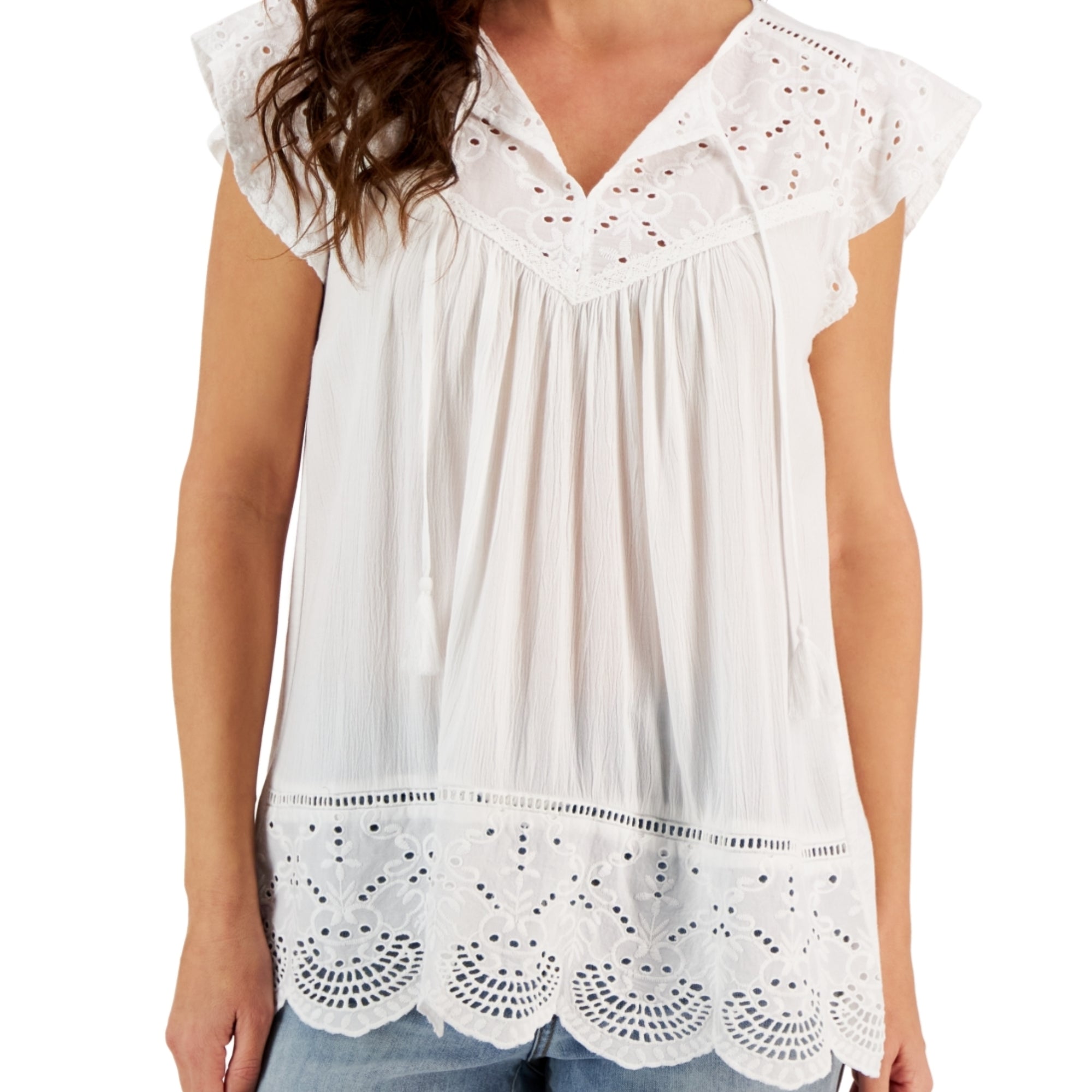 Style & Co Women's Mixed-Media Lace-Trimmed Top – Bright White, Medium