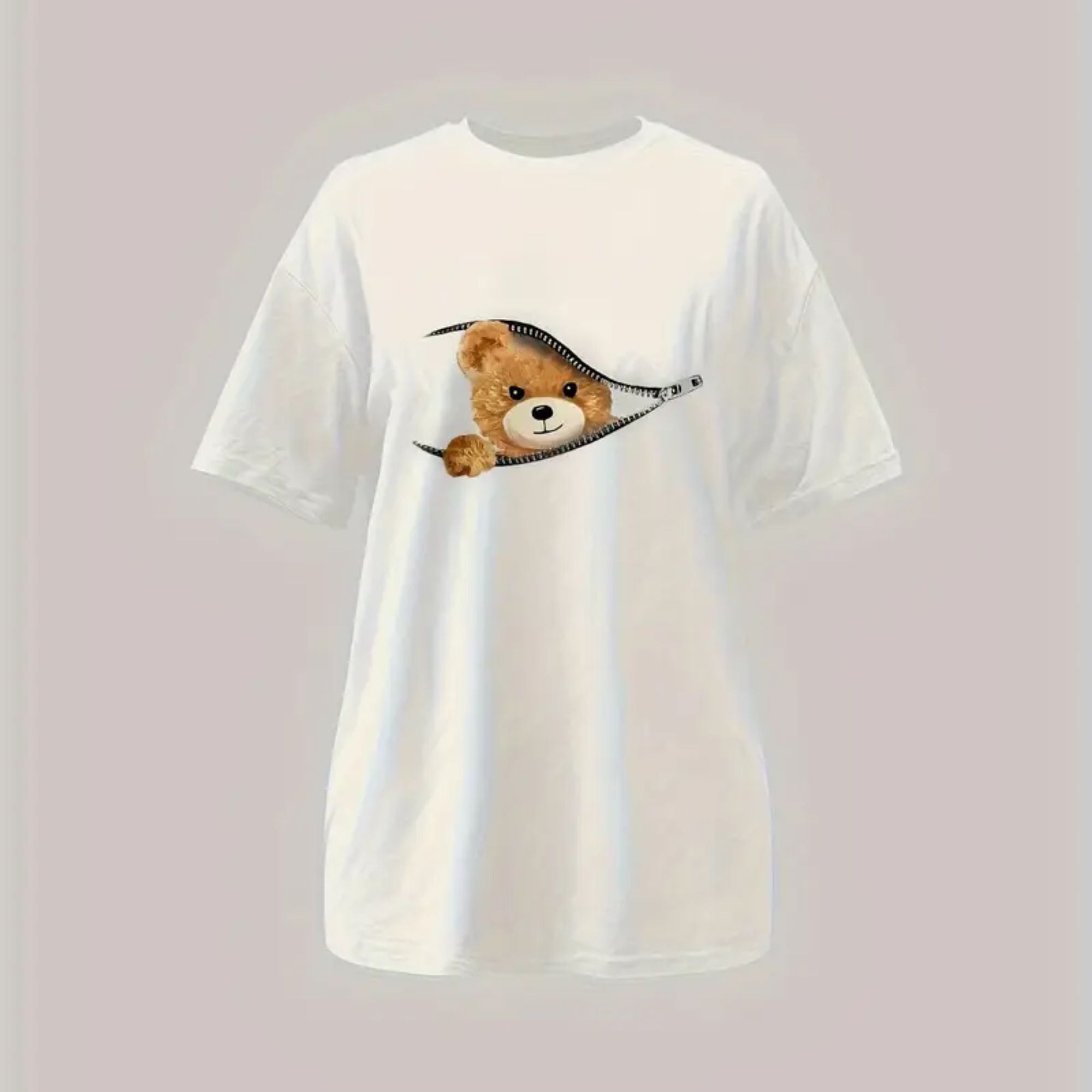 Cartoon Bear Print T-Shirt, Medium - White