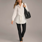 Donna Karan Women's Long-Sleeve Tie-Waist Top – Cream, Size M