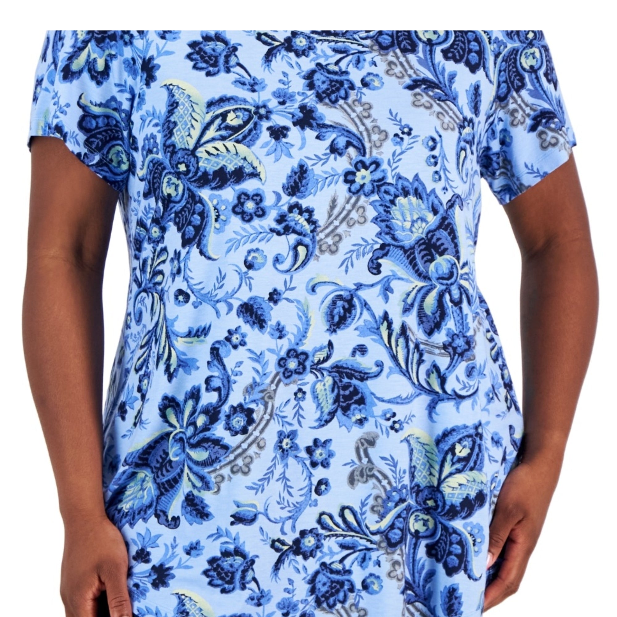 JM Collection Plus Size Bloom Print Short-Sleeve Top – Watery Blue Combo, Size - 0X