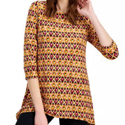 JM Collection Women's Geo-Print Jacquard Swing Top – Mustard Seed Combo, Large