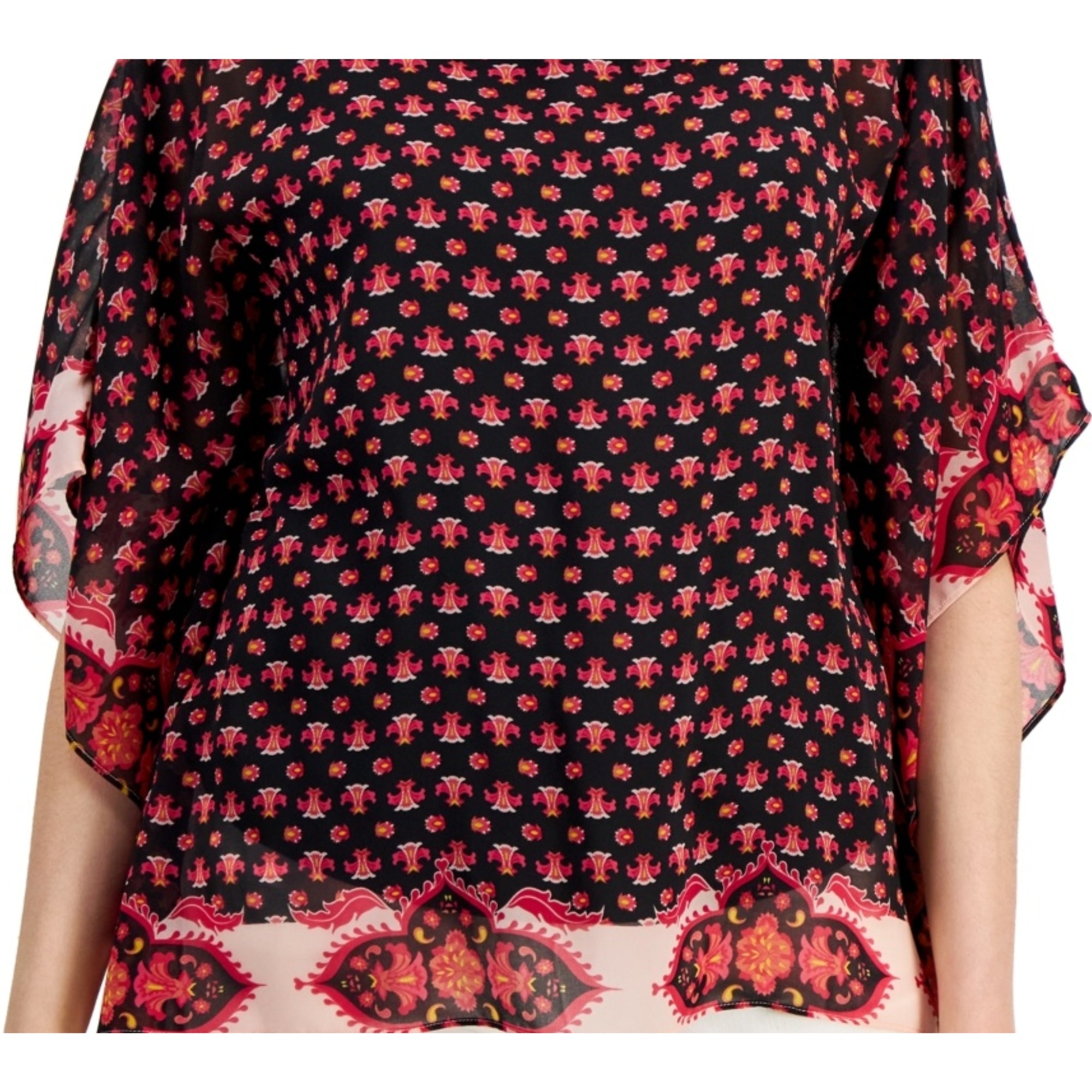 JM Collection Women's Border-Print Poncho Top – Deep Black Combo, Small