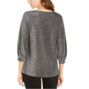 Alfani Women's Gray Glitter Jewel Neck 3/4 Sleeve Blouse, Size - Small