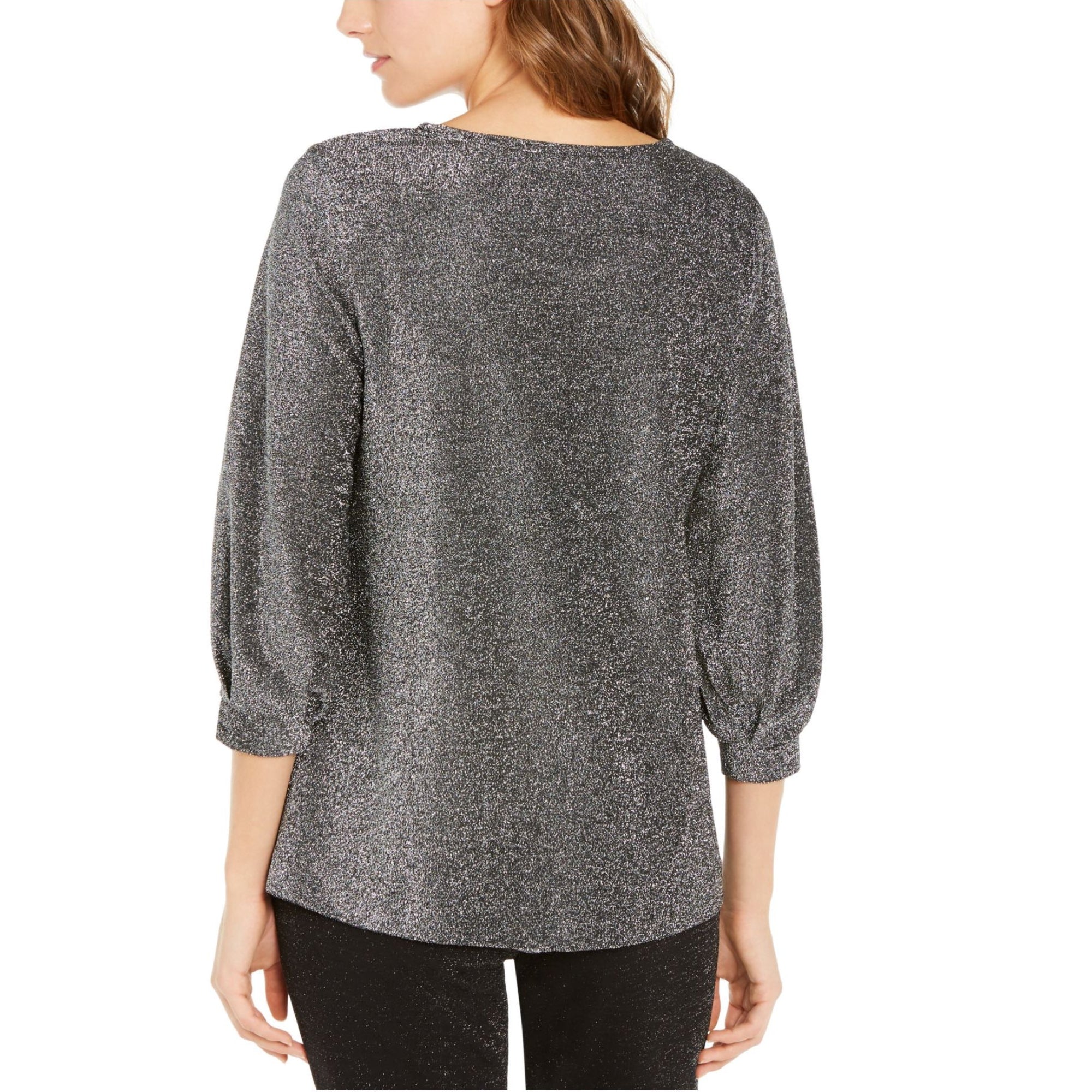 Alfani Women's Gray Glitter Jewel Neck 3/4 Sleeve Blouse, Size - Small