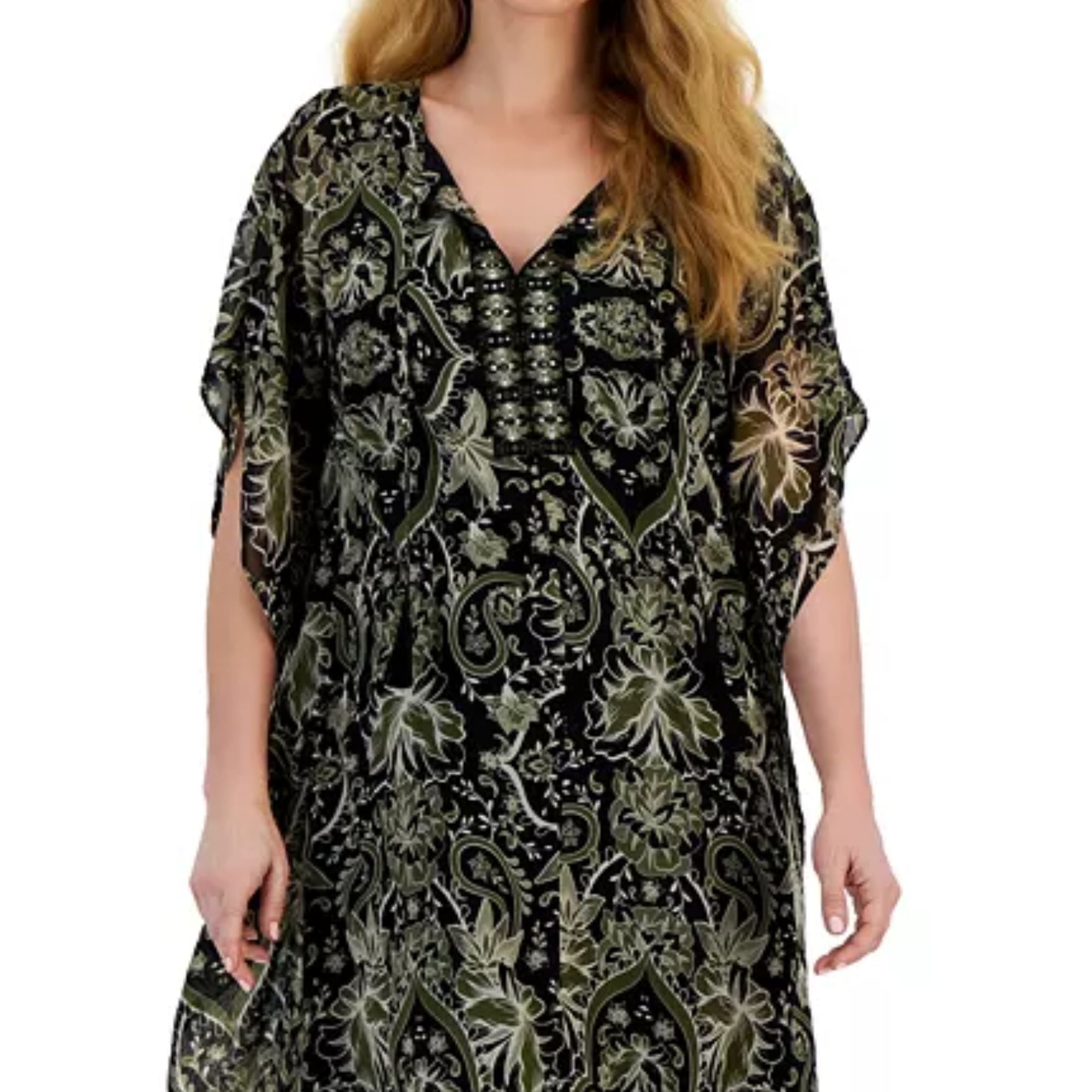 JM Collection Women's Short-Sleeve Printed Embellished Caftan Dress – XL