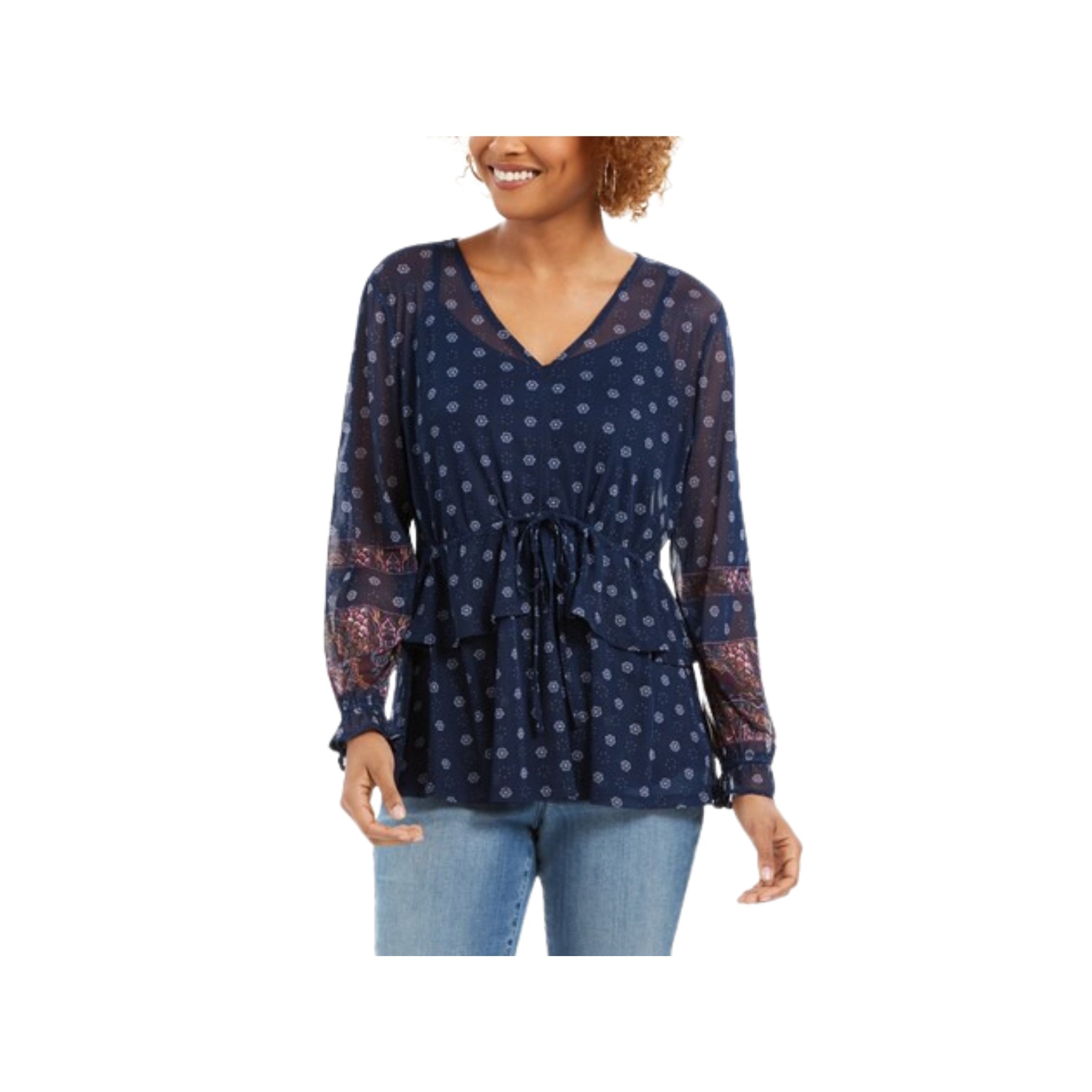 Style & Co. Tie-Front Floral Print Peasant Blouse – Devine Ditsy Blue, Size M