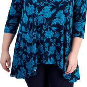 JM Collection Plus Size Elena 3/4-Sleeve Swing Top – Intrepid Blue Combo, Size - 2X