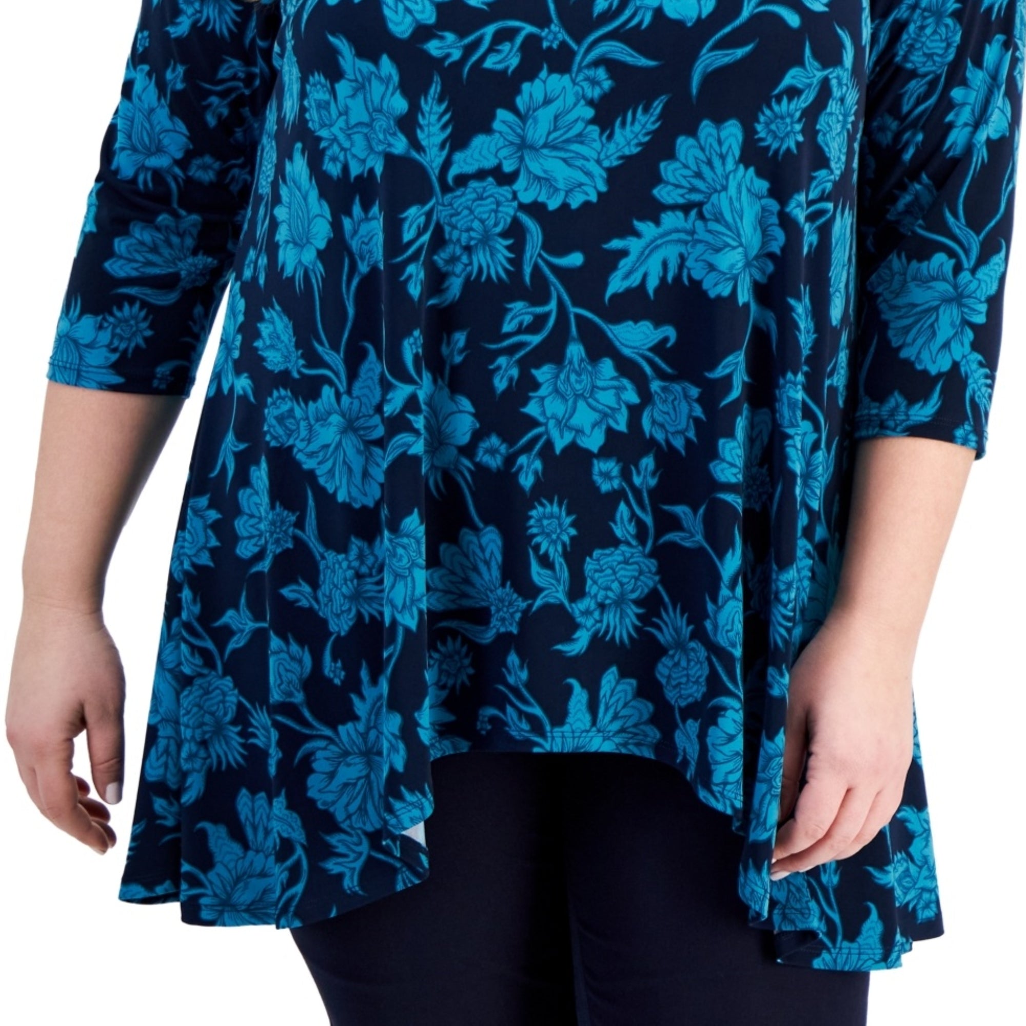 JM Collection Plus Size Elena 3/4-Sleeve Swing Top – Intrepid Blue Combo, Size - 2X