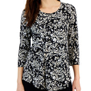 JM Collection Women's Scoop-Neck 3/4 Sleeve Printed Knit Top – Deep Black Combo, XL