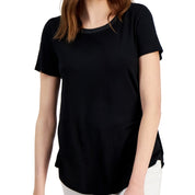 JM Collection Women's Satin-Trim Knit Short-Sleeve Top – Deep Black, Medium