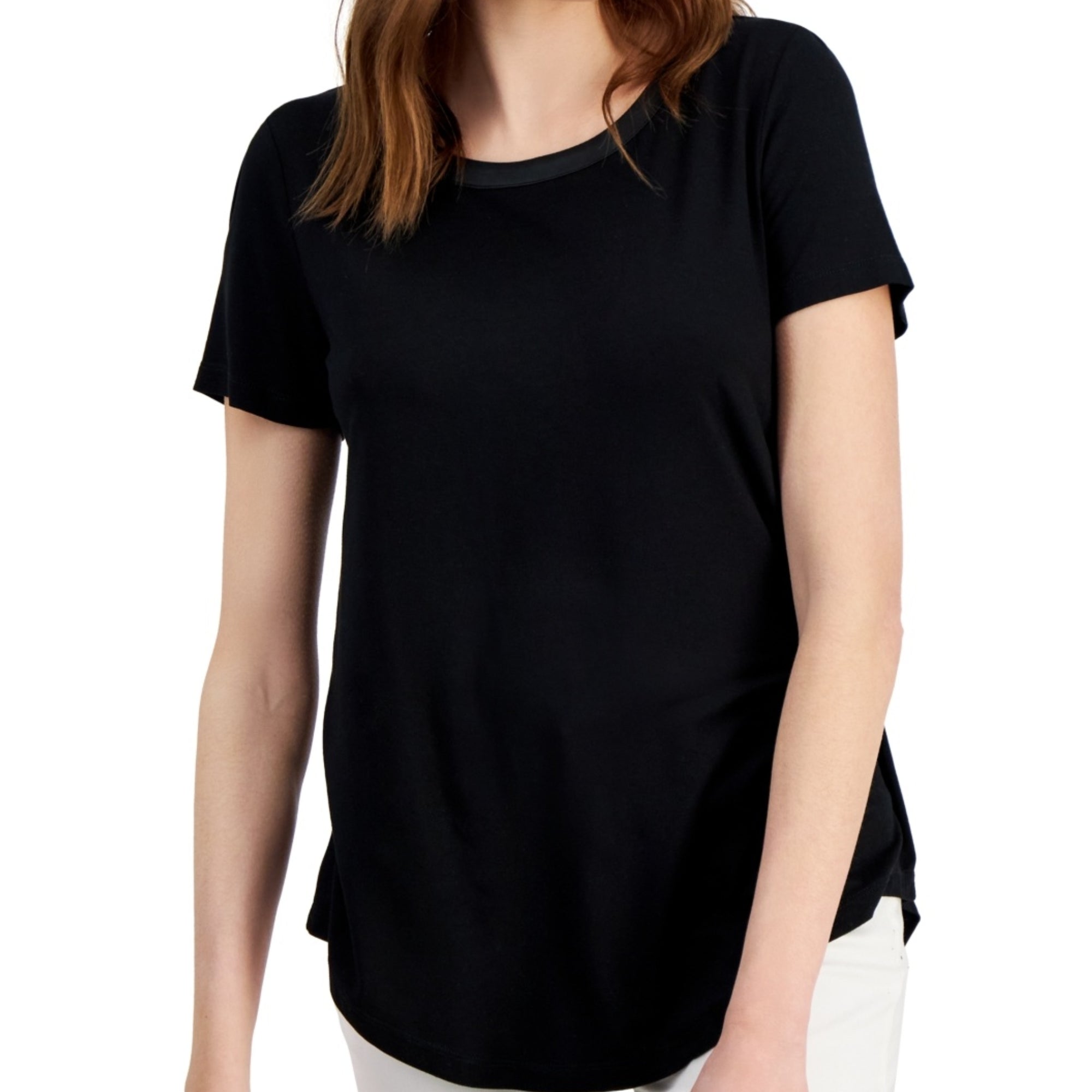 JM Collection Women's Satin-Trim Knit Short-Sleeve Top – Deep Black, Medium