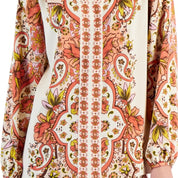 JM Collection Women's Long Sleeve Printed V-Neck Satin Top – Sandshell Combo, XL