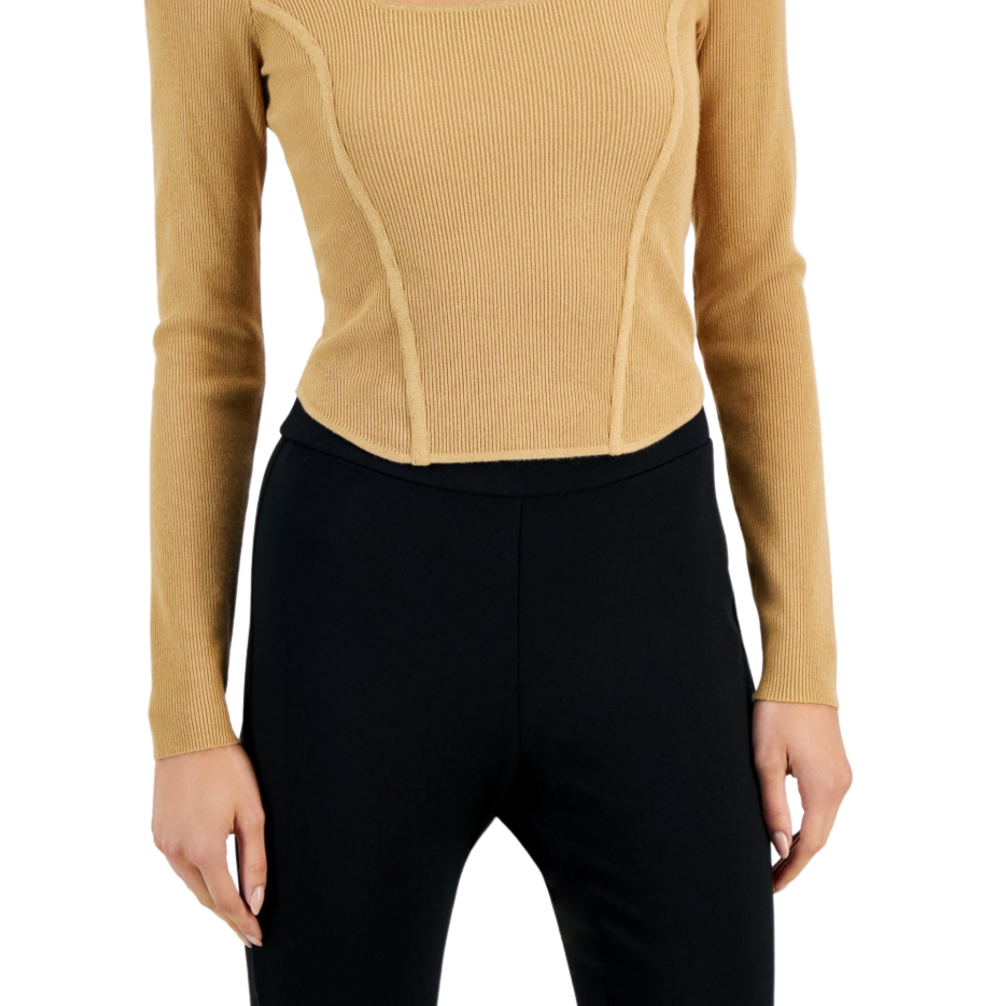 Bar III Women's Ribbed Square-Neck Long-Sleeve Sweater – Riviera Dune, Size - XL