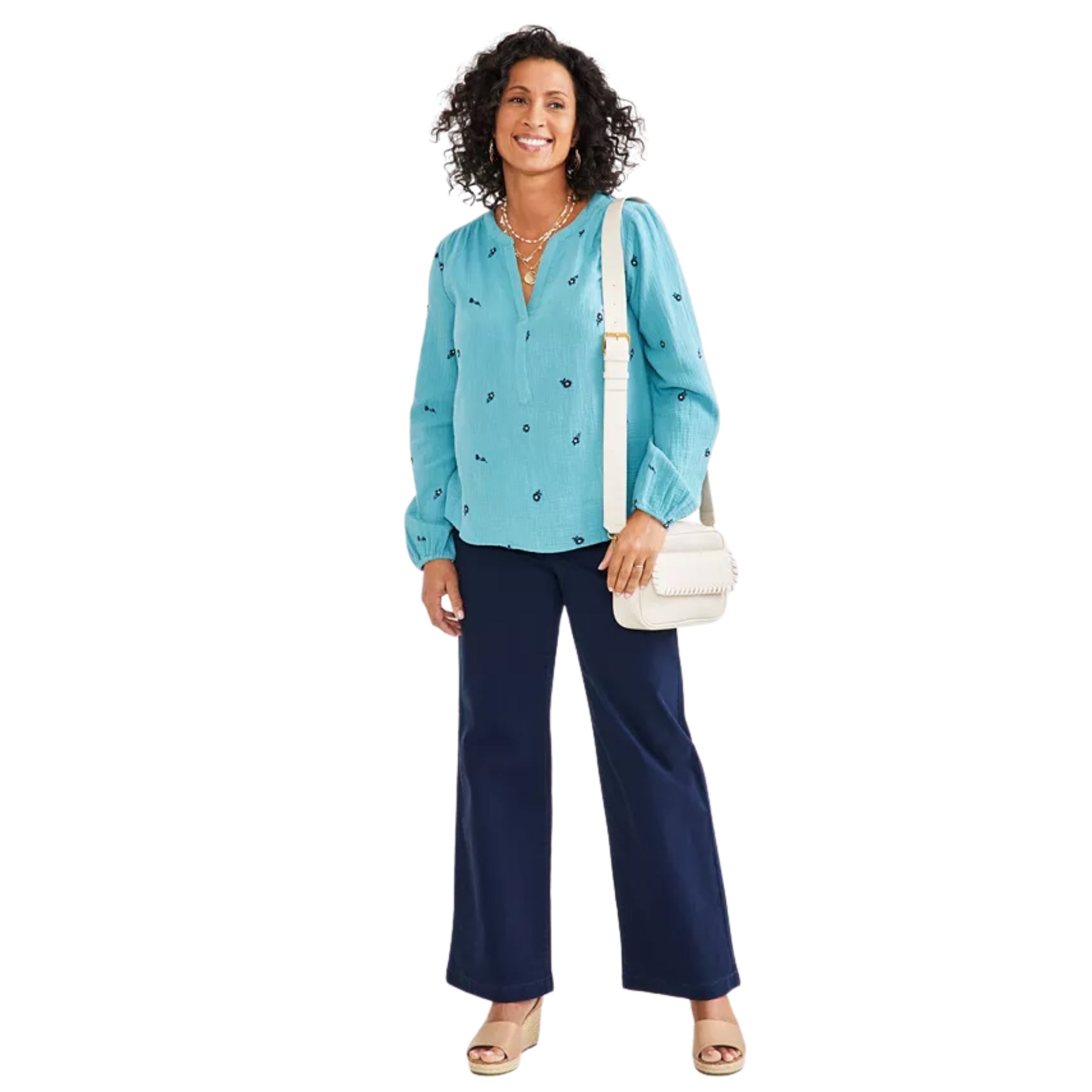 Style & Co Women's Cotton Embroidered Split-Neck Gauze Blouse – Med Blue, Petite XL