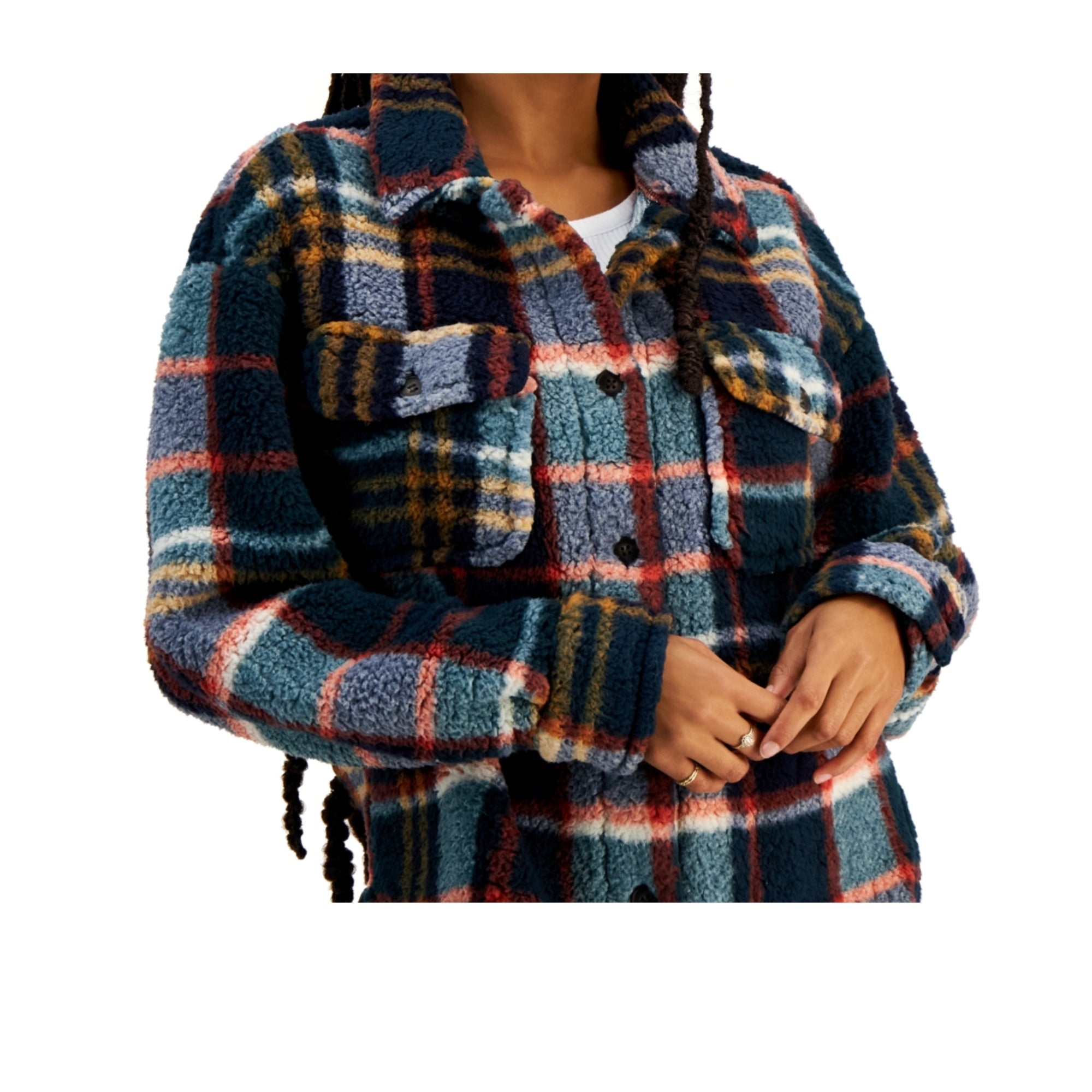 Crave Fame Juniors' Plaid Button-Front Faux-Sherpa Shacket - Hunter Combo Medium