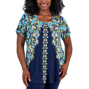 JM Collection Plus Size Oaklyn Ornate Print Short-Sleeve Top – Intrepid Blue Combo, Size - 0X