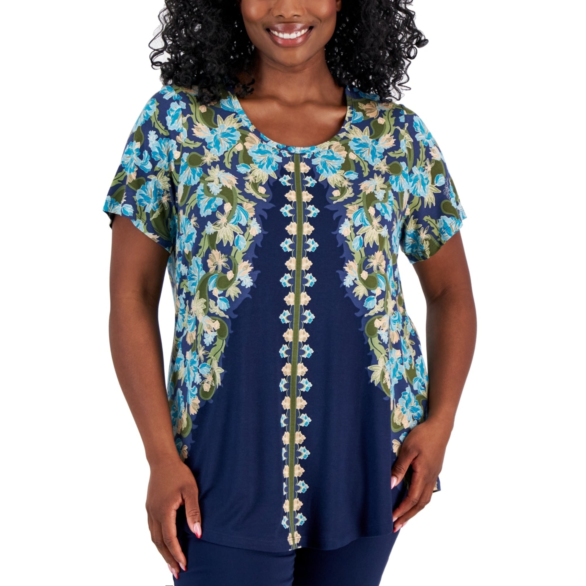 JM Collection Plus Size Oaklyn Ornate Print Short-Sleeve Top – Intrepid Blue Combo, Size - 0X