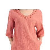 JM Collection Women's Embellished Gauze 3/4 Sleeve Top & Pull-On Pants – Dark Red, Large