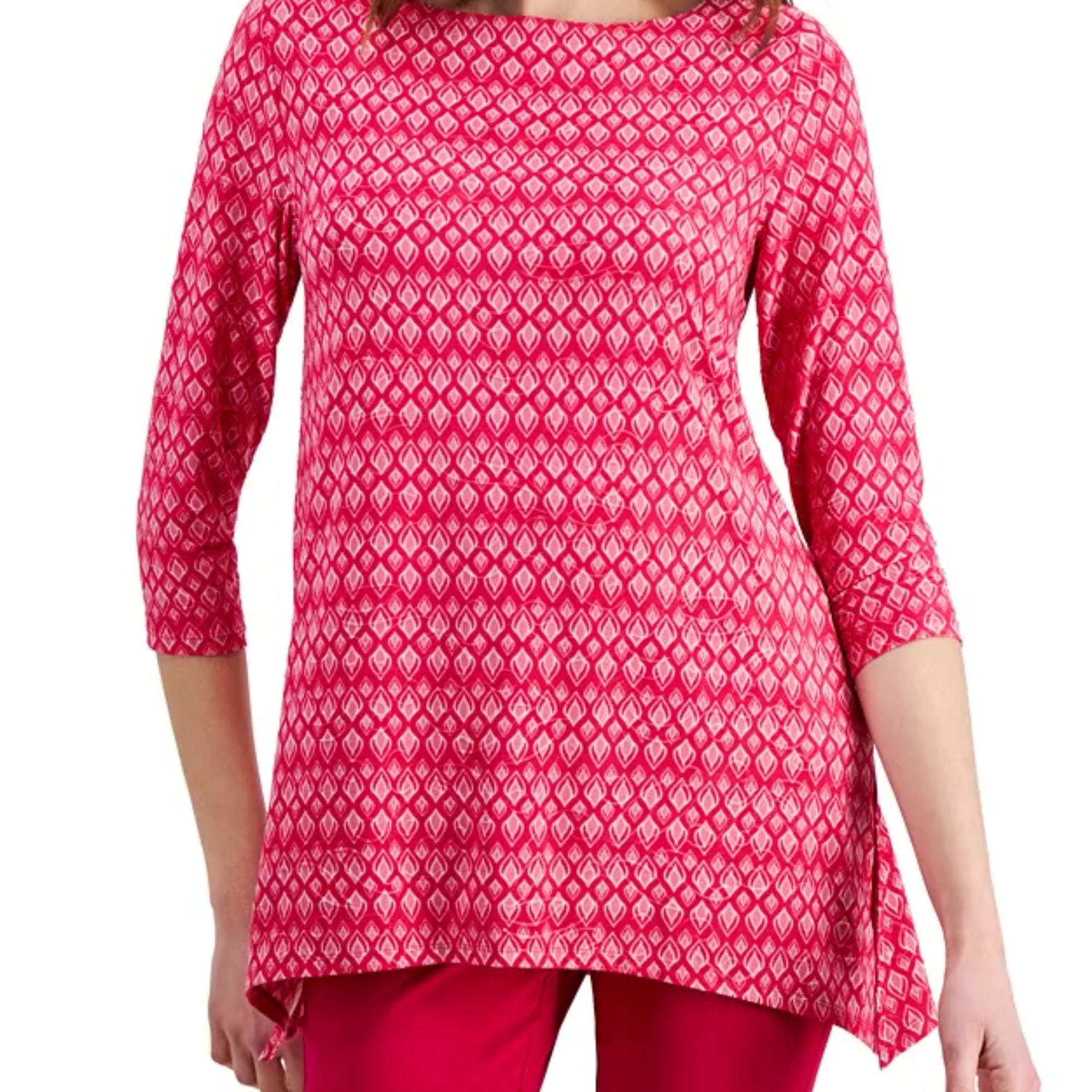 JM Collection Women's Printed Jacquard Swing Top – Claret Rose Combo, XL