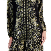 JM Collection Women's Long Sleeve Printed V-Neck Satin Top – Deep Black Combo, Large